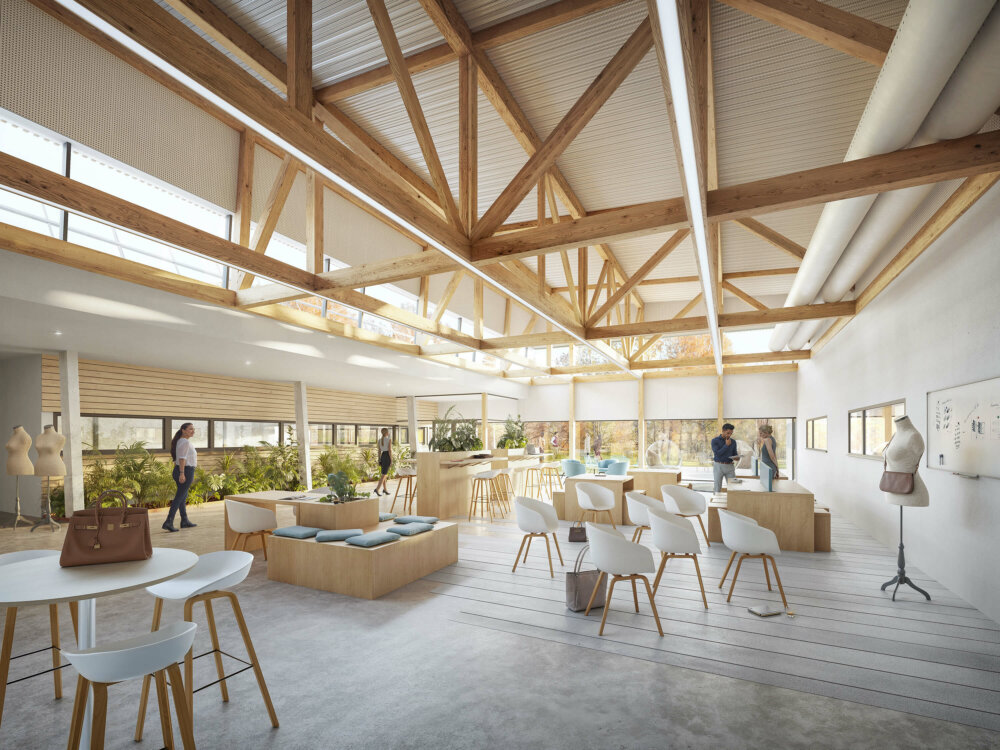 Perspective 3D intérieure d'une maroquinerie à Seloncourt sous charpente en bois