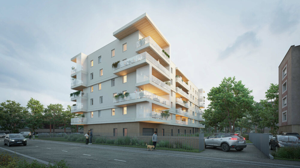 Perspective d’un immeuble de logements à Schiltigheim par S&I Architectes : façades blanches, larges balcons ajourés aux sous-faces en bois et socle en brique, vus au crépuscule depuis la rue.