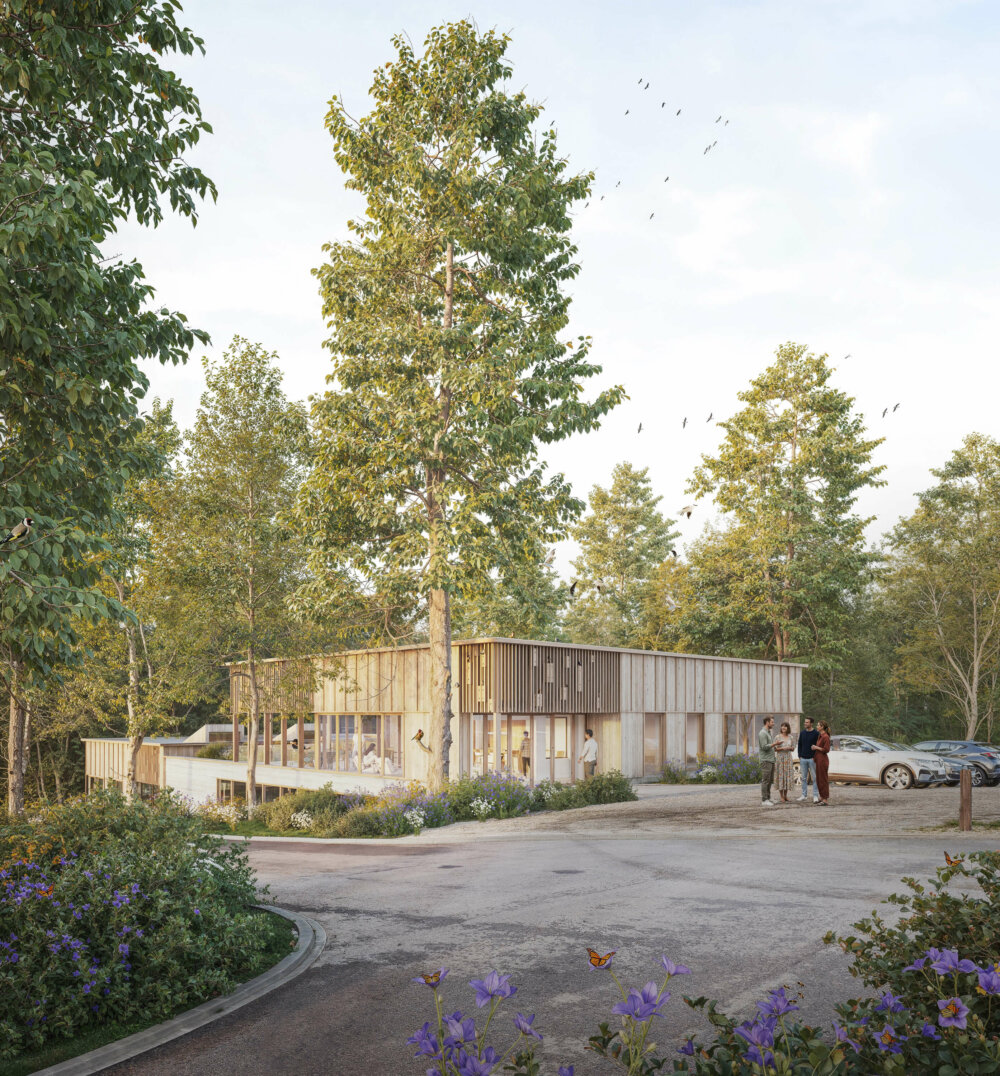 Perspective du bâtiment technique du zoo de Mulhouse par SONAR Architecture : volume bas en bois à claire-voie, largement vitré, niché dans un cadre boisé avec massifs de fleurs, oiseaux et papillons.